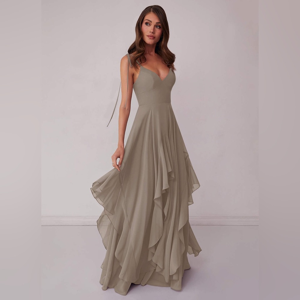 AZAZIE Taupe Bridesmaid/Formal Dress - #1004 V-Neck Chiffon Tiered A-Line Dress